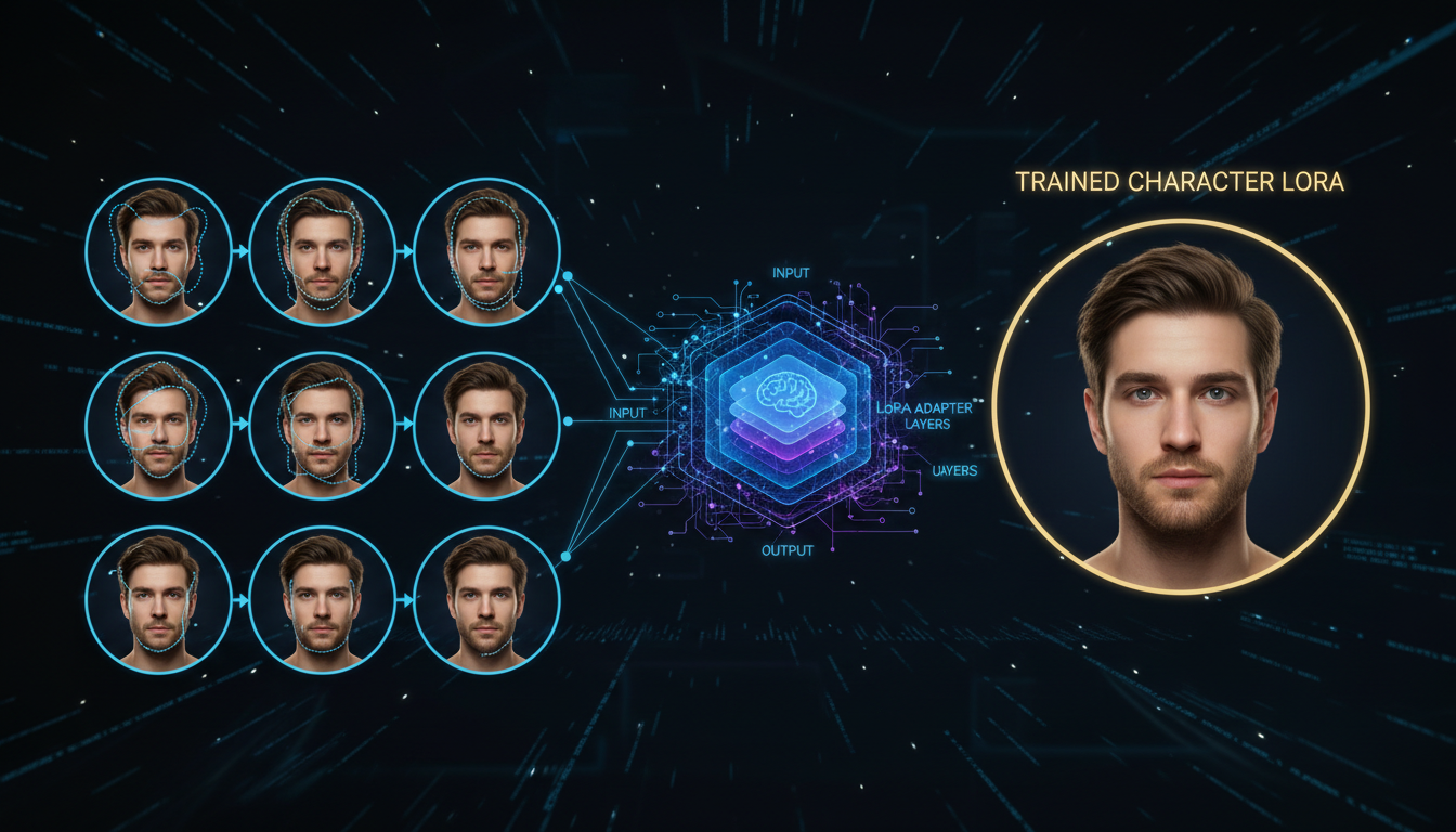 Character LoRA training concept showing AI learning facial features