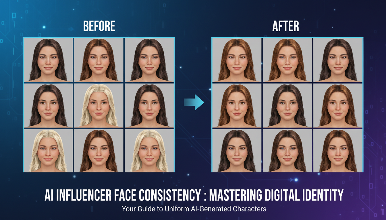 AI influencer face consistency comparison showing before and after face lock techniques