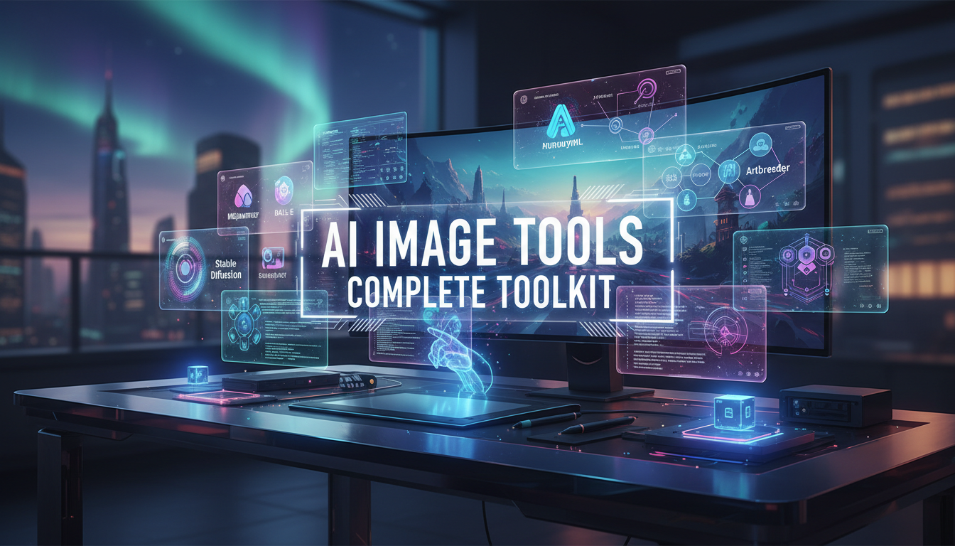 Complete toolkit of AI image tools organized for visual content creation workflow