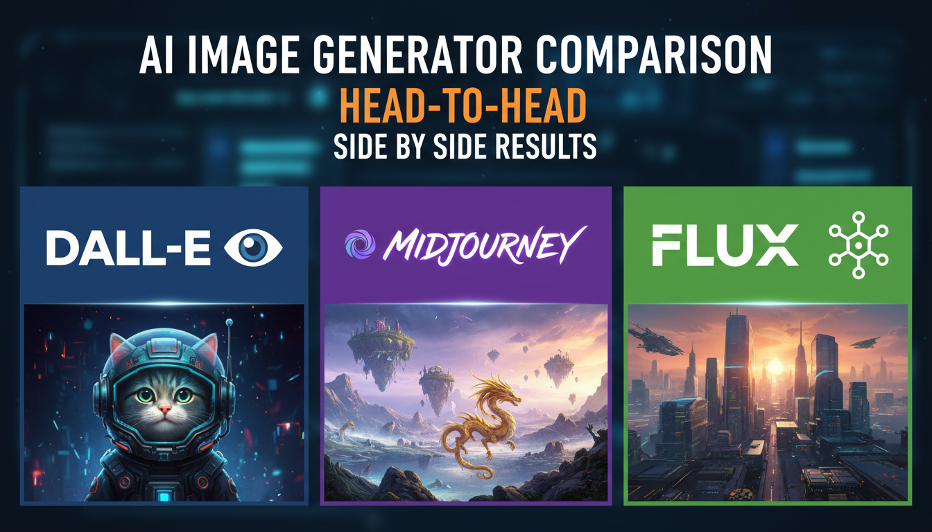 Side-by-side comparison of DALL-E 3, Midjourney v7, and Flux 2 AI image generation outputs