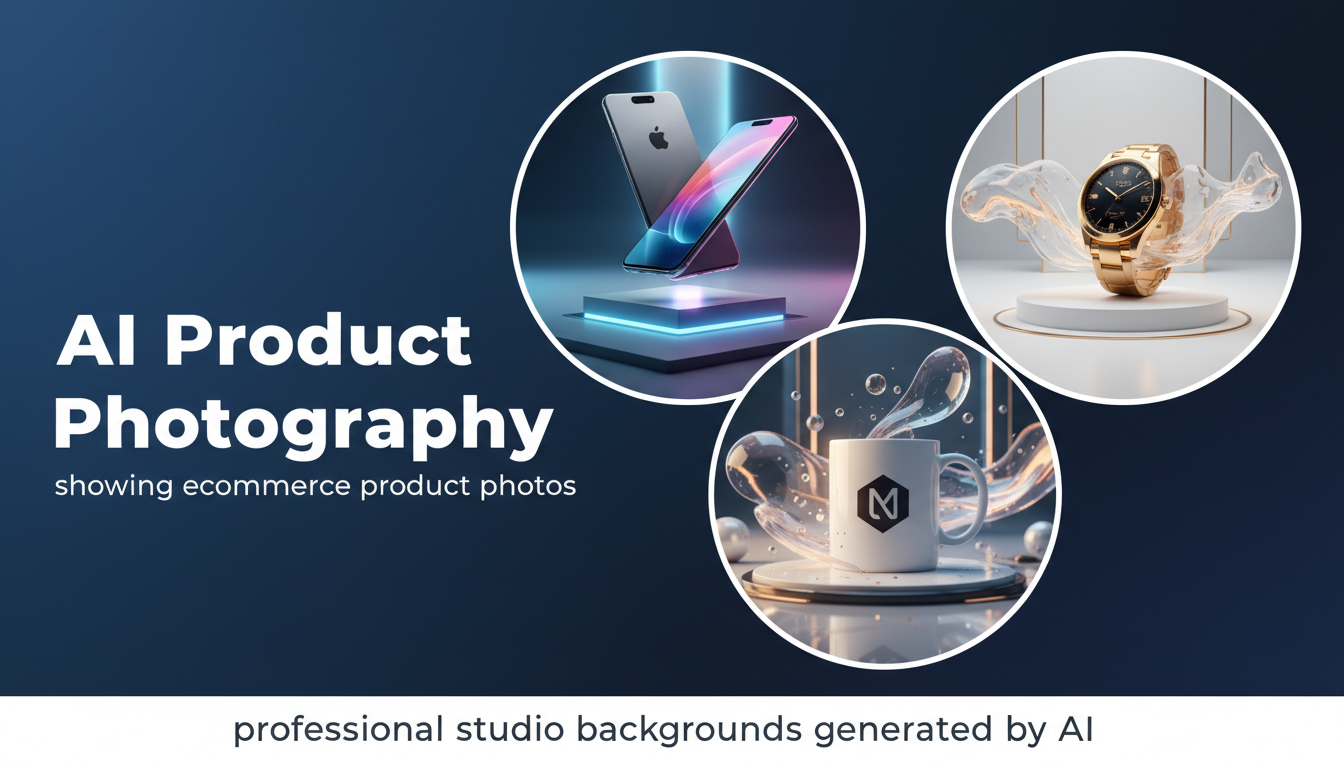 AI product photography setup showing ecommerce products with professional studio backgrounds generated by artificial intelligence