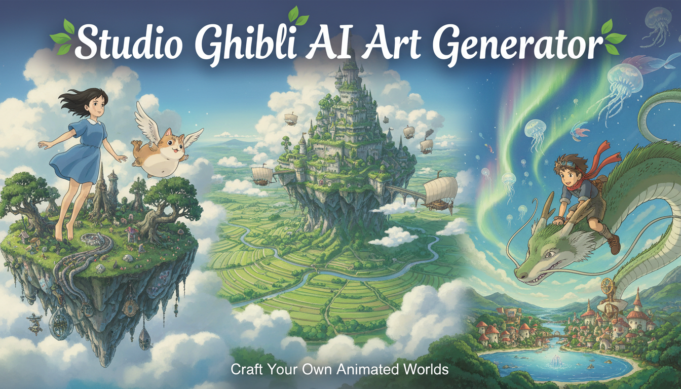 AI Ghibli style generator creating dreamy Studio Ghibli landscapes and characters in the Miyazaki animation aesthetic