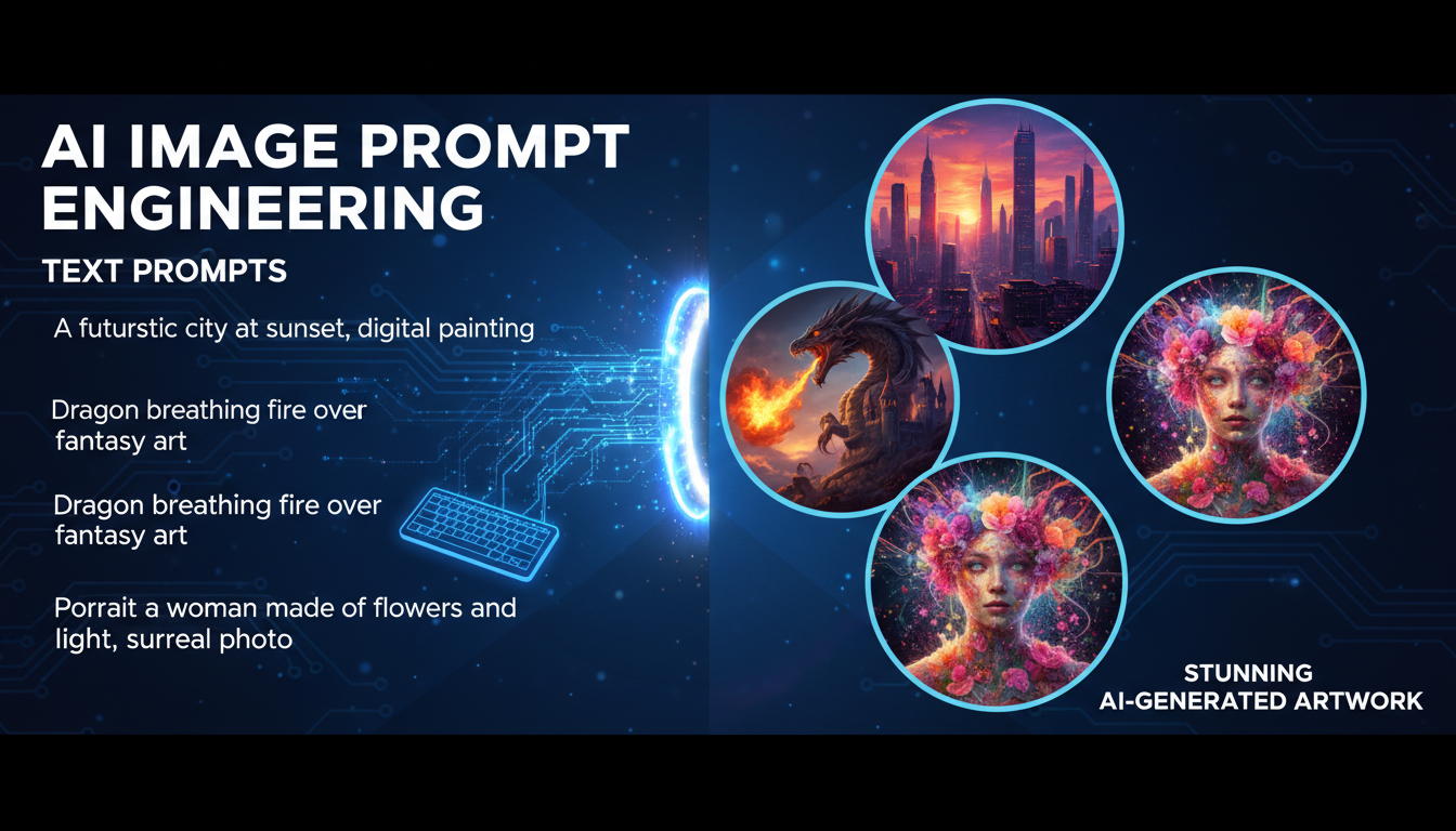 AI image prompt engineering concept showing text being transformed into stunning AI artwork