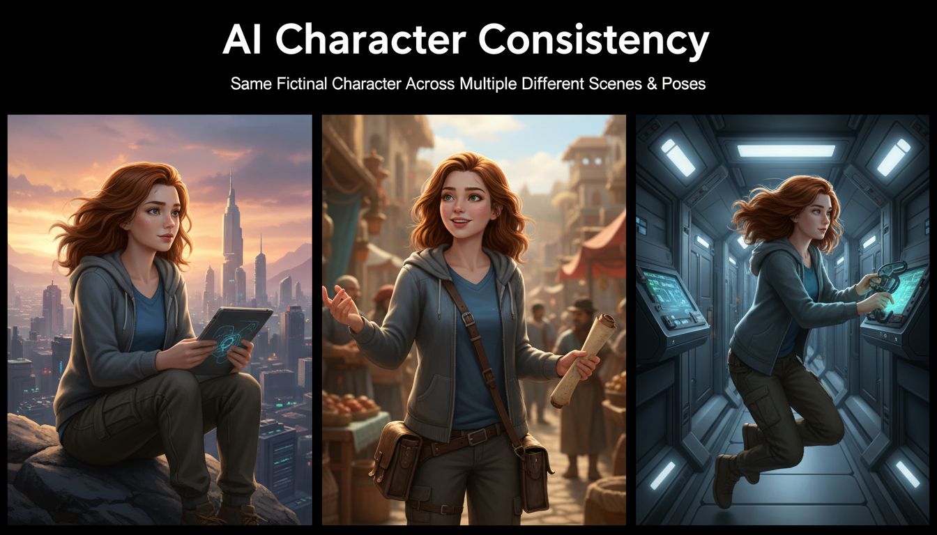 AI consistent character generator showing the same character across multiple scenes and poses