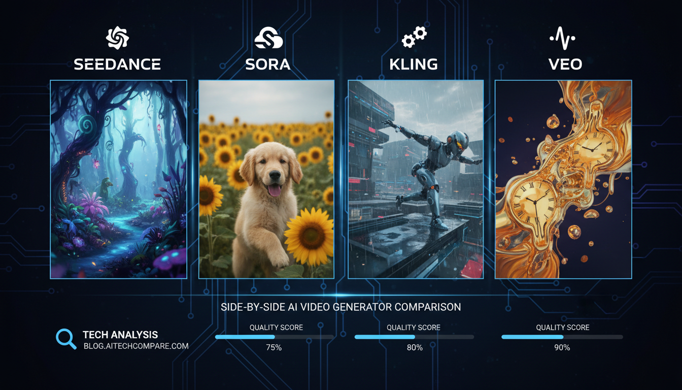 Side-by-side comparison of Seedance 2.0, Sora 2, Kling 3.0, and Veo 3.1 AI video generators
