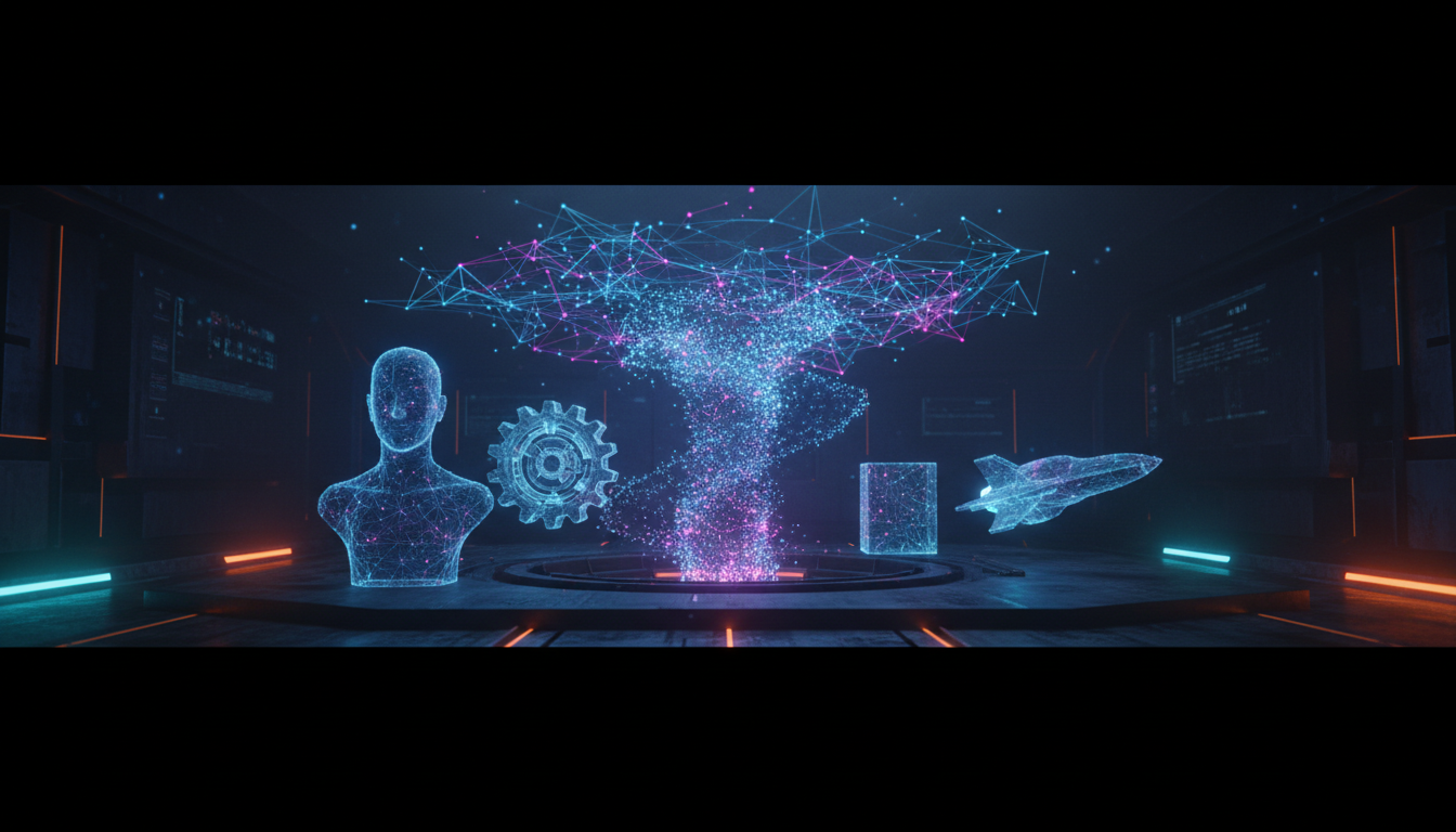 AI-generated 3D models from text prompts showing various objects and characters created with text-to-3D tools