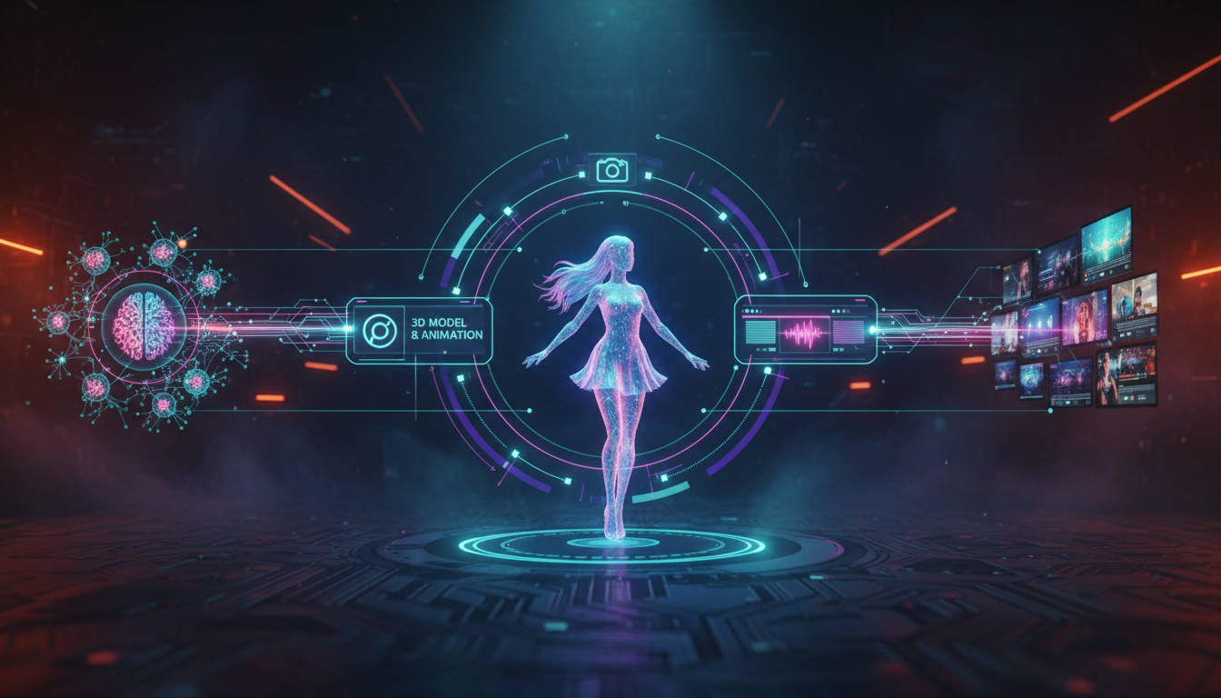 Complete AI virtual influencer video production pipeline workflow diagram