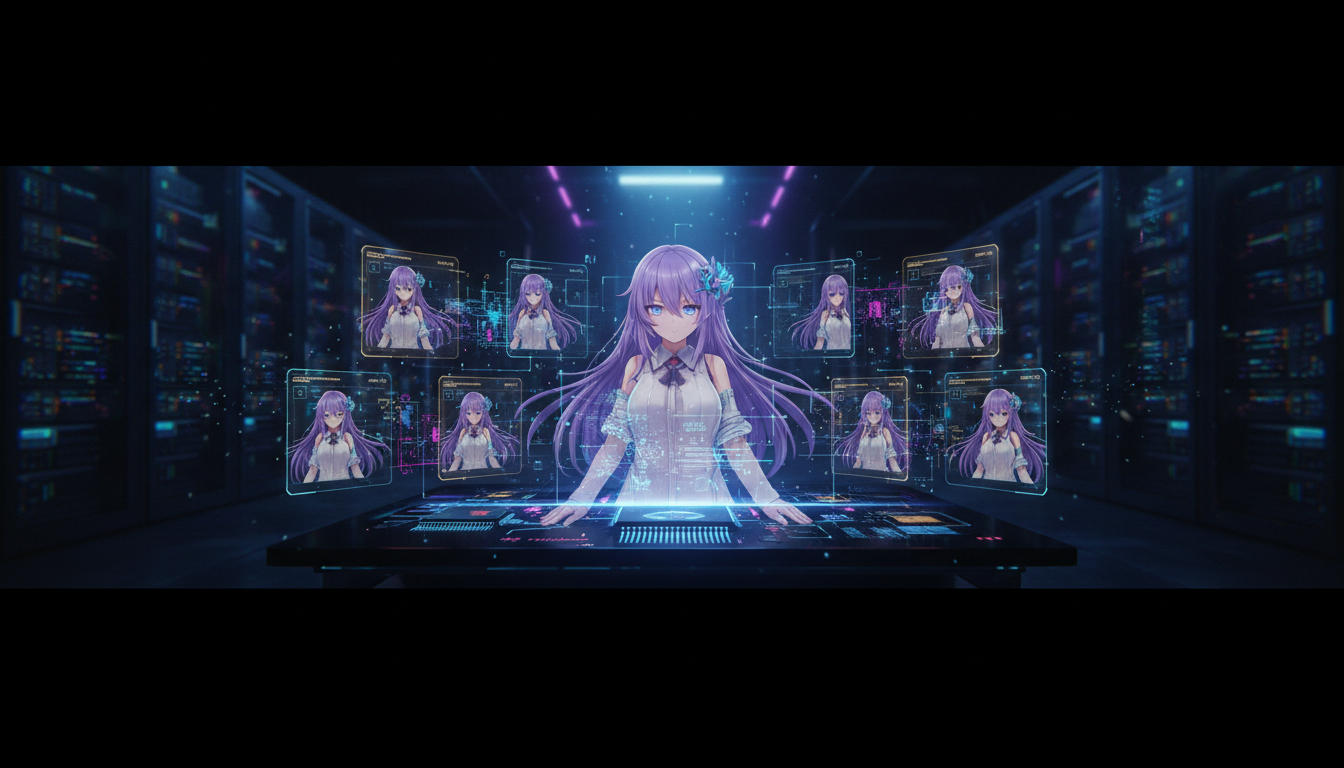AI waifu generator creating consistent anime characters with multiple poses and expressions