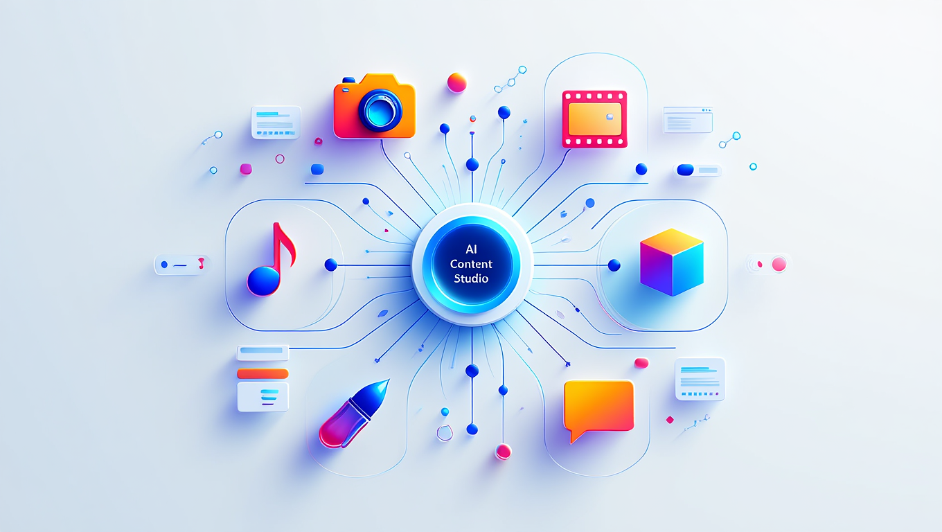 Multi-modal AI content creation workflow showing image video audio and 3D generation