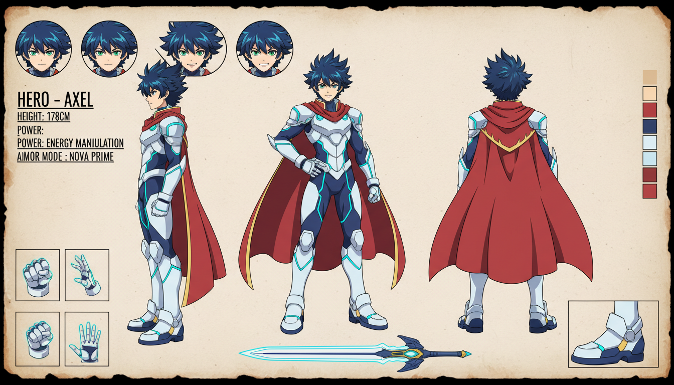 Anime character reference sheet with multiple angles